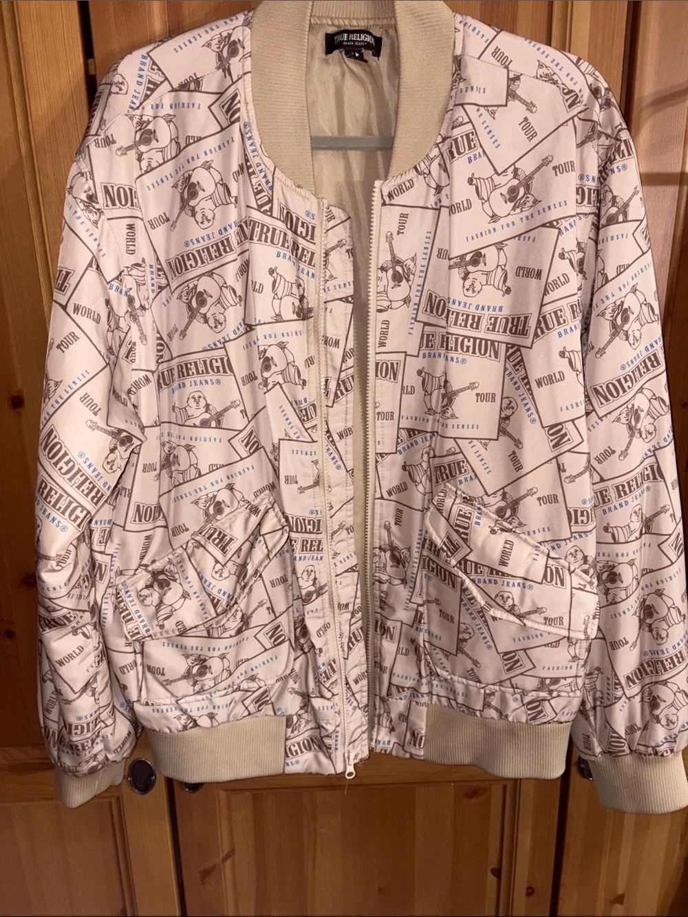 True Religion Men’s Cream Logo-Print Bomber Jacket